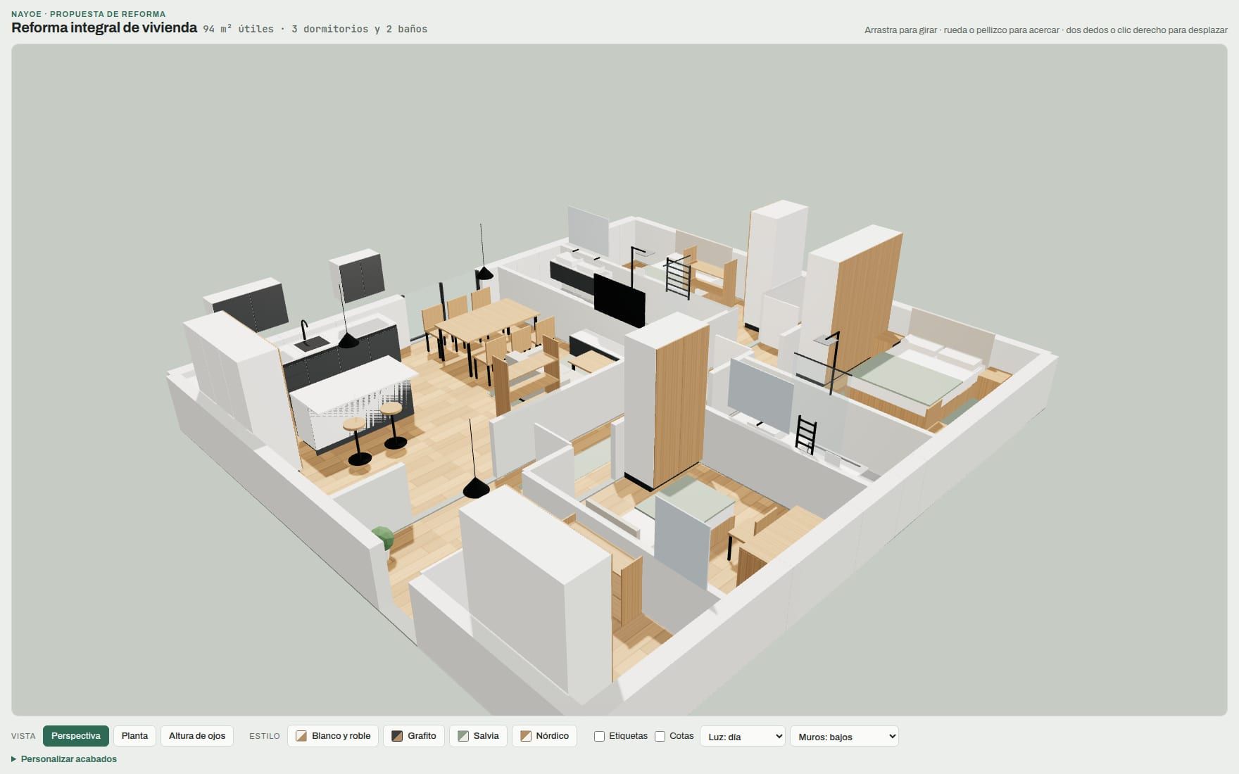 Maqueta 3D de ejemplo de una reforma integral de vivienda: planta de un piso de tres dormitorios y dos baños, con la cocina abierta al salón en acabado grafito y el mobiliario colocado